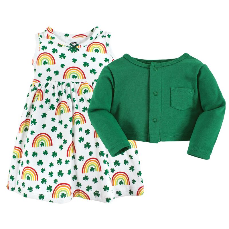Hudson Baby Infant and Toddler Girl Cotton Dress and Cardigan Set, St Patricks Rainbow, 3 of 6