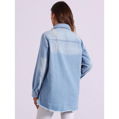 INSPIRE CHIC Women's Distressed Frayed Hem Button Down Jean Jackets Light Blue X-Small — фото 3