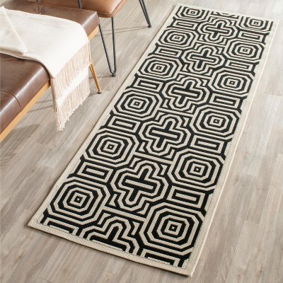 Beige and Black Geometric Flat Woven Outdoor Runner