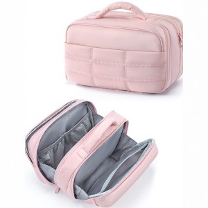 Anna-Kaci Double-Layer Travel Makeup and Toiletry Bag with Quilted Design and Carry Handle - Pink - 1 of 4
