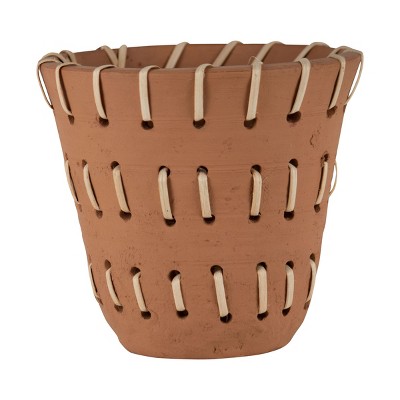 Natural Handthrown Terracotta Planter with Woven Rattan Accents - Foreside Home & Garden