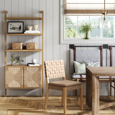 Brown Wood 3-Shelf Bookcase with Seagrass Doors