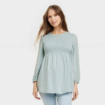Long Sleeve Smocked Woven Maternity Shirt - Isabel Maternity by Ingrid & Isabel™ Light Blue