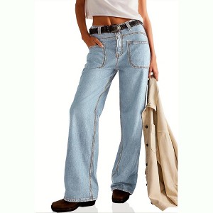 Imily Bela Womens Boyfriend Cuffed Wide Leg Mid Rise Casual Denim Pants with Pockets - 1 of 4