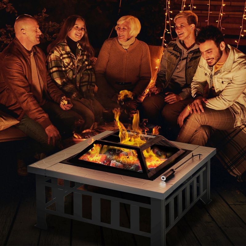 Outsunny 34" Outdoor Fire Pit Square Steel Wood Burning Firepit Bowl with Spark Screen, Waterproof Cover, Log Grate, Poker for BBQ, Bonfire, 3 of 10