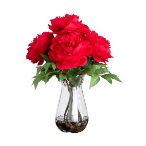 Nearly Natural 16-in Artificial Pink Peony Arrangement in Glass Vase, Red - 1 of 4