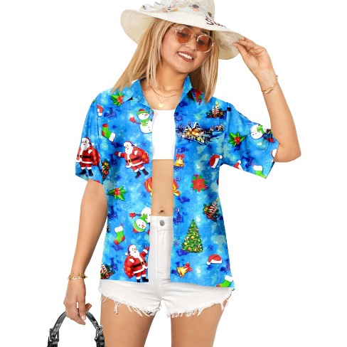 LA LEELA Women's Beach Funny Santa Claus Party Shirt Blouse Short Sleeve Tops Shirts Hawaiian Christmas Tree Blouses for Women - image 1 of 4