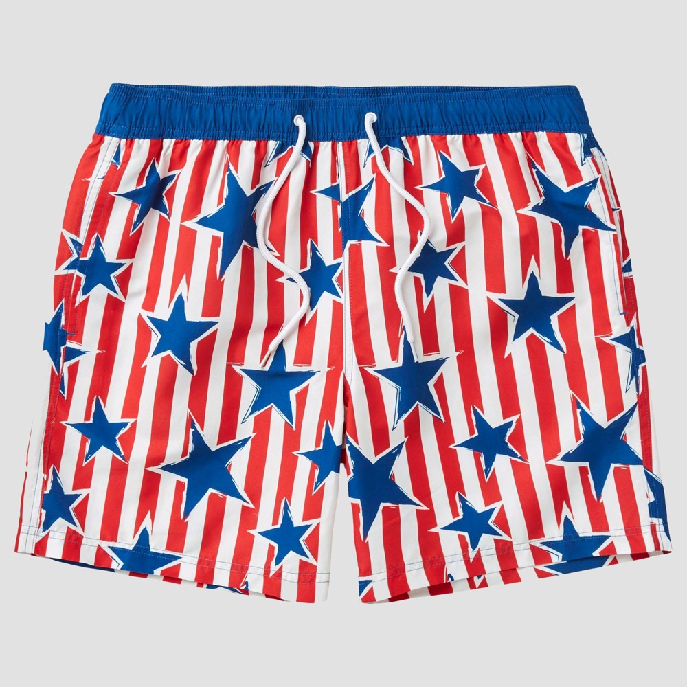 Photos - Swimwear Men's Star Print Striped Americana Swim Shorts - Blue/Red XXL
