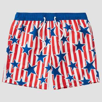 Men's Star Print Striped Americana Swim Shorts - Blue/Red