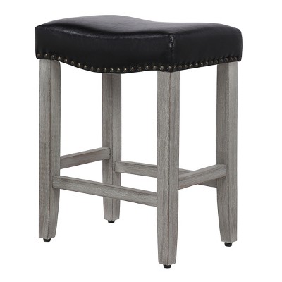 Modern 24" Black Leather Saddle-Style Wood Counter Stool