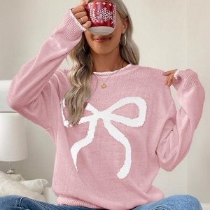 Coolmee Womens Winter Sweater Long Sleeve Crewneck Sweaters Knit Casual Fit Cute Bow Pullover Tops - 1 of 3