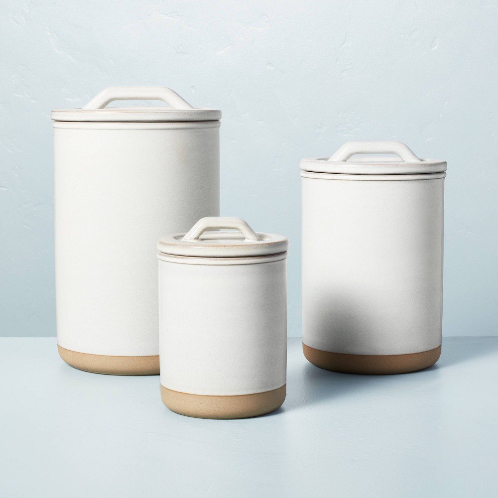 Photos - Food Container 3pc Modern Rim Stoneware Canister Set Cream/Clay - Hearth & Hand™ with Mag