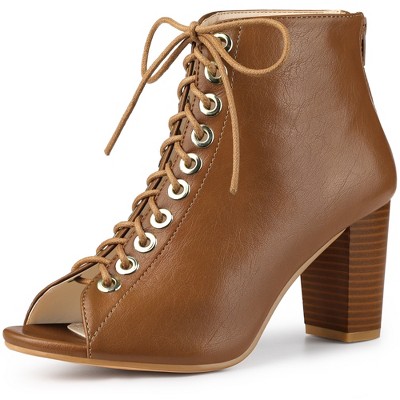 Allegra K Women's Peep Toe Lace Up Chunky Heel Ankle Booties