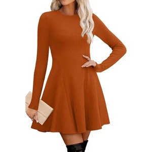 Ribbed Knit Sweater Dress for Women, Long Sleeve Crew Neck Fit and Flare A-Line Dress for Fall and Winter, Casual Office Wear Caramel - 1 of 4