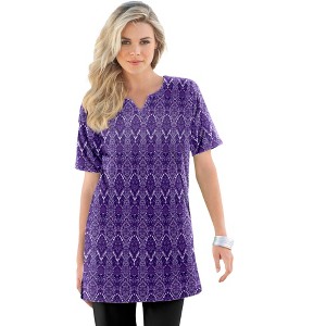 Roaman's Women's Plus Size Print Notch Neck Soft Knit Tunic - 1 of 4