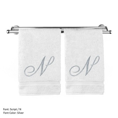 BC BARE COTTON Monogrammed Hand Towel, 100% Turkish Cotton - Set of 2 - White - Silver Script