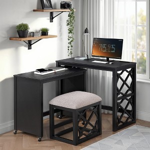 3-Piece Home Office Set, 36" Computer Desk with 2 USB Ports, Rolling Side Cart & Padded Stool, Space-Saving Workstation - 1 of 4