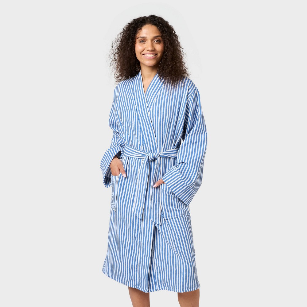 S/M Striped Bath Robe With Kimono Collar Blue - Room Essentials™