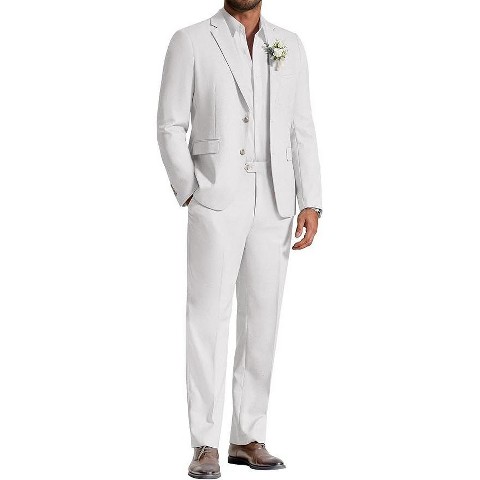 COOFANDY Men's Linen Suits 2 Piece Regular Fit Suits Set Casual Lightweight Blazer Jacket and Pants for Summer Wedding White 36X30W