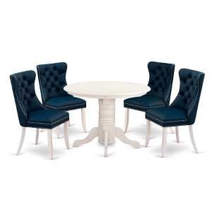 East West Furniture, 5 Piece Kitchen Table Set Consists of a Round Dining Table with Pedestal and 4 Padded Chairs, linen white - 1 of 4