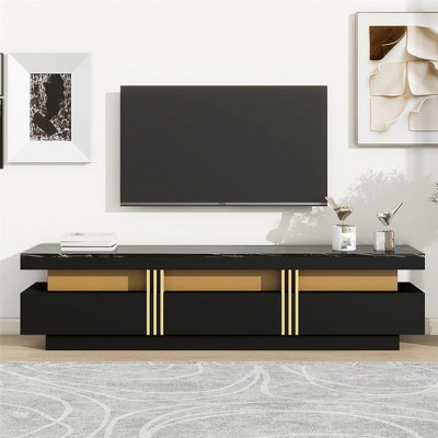 Modern TV Stand, High Gloss Faux Marble Top, Home Entertainment Center, With 3 Storage Drawers, TV Cabinet