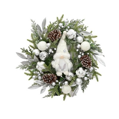 Silver and White Christmas Garland with Lights, 22 Inch Christmas Gnome Garland with 30 Lights and Balls for Fireplace Window Decoration