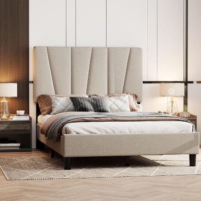 Twin Size Platform Bed Frame, Linen Upholstered Bed Frame with Headboard, Modern Mattress Foundation with Wooden Slats Supports for Twin Bed, No Box