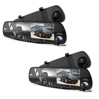 Pyle PLCMDVR49 4.3 Inch Display Dash Cam Dual Camera Vehicle Recording System Rearview Mirror with Waterproof Backup Cam Kit, Black (2 Pack)