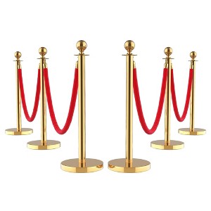 Crowd Control Barriers with Red Carpet Runner, 6 Pcs Stainless Steel Stanchion Posts with 4 Velvet Rope & Tape, for Wedding, Party, Events,Garden - 1 of 4