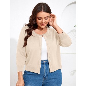 YESFASHION Women Plus Size Cardigan Round Neck Button Down 3/4 Sleeve Top Solid Casual Cardigan - 1 of 4