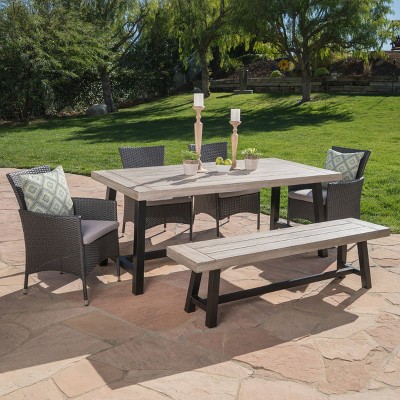Linden 6pc Acacia Wood & Wicker Patio Dining Set - Gray - Christopher Knight Home