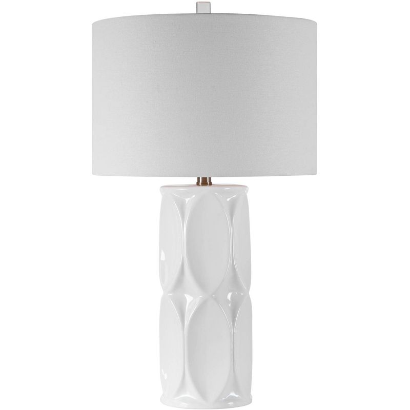 Uttermost Modern Table Lamp 26" High Glossy White Glaze Geometric Ceramic Fabric Drum Shade for Living Room Bedroom House Bedside, 1 of 2