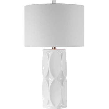 Uttermost Modern Table Lamp 26" High Glossy White Glaze Geometric Ceramic Fabric Drum Shade for Living Room Bedroom House Bedside