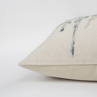 Artisanal Blue and Ivory Square Embroidered Throw Pillow, 17"