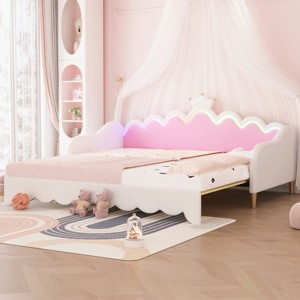 Twin Size Extending Daybed with Upholstered Frame, Crown Headboard and LED Lights, Converts to Queen Platform Bed-Maison Boucle - 1 of 4