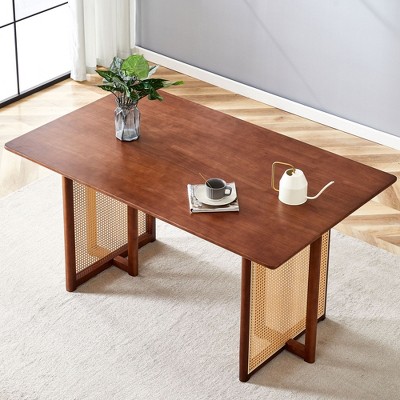Okak Retro Wood Rectangular/Round Dining Table with Rattan Decor Base,Minimalist Kitchen Dinner Table for Dining Room,Breakfast Nook