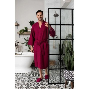 Lotus Linen Waffle Spa Bathrobe for Men - Absorbent, Lightweight Wine Red Small - 1 of 4