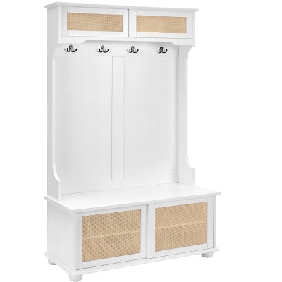 NicBex 40 inch Hall Tree for Hallway,Modern Coat Racks with 4 Hooks and Rattan Door,Entryway Furniture for Hallway,Living Room,Bedroom,White/Gray