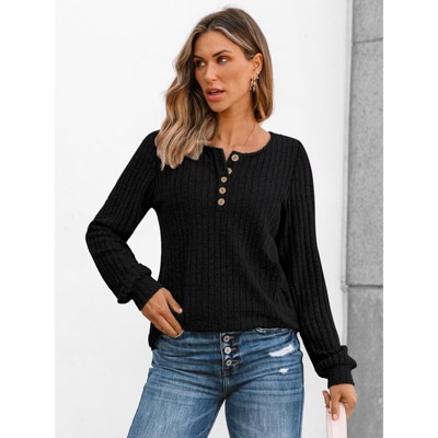 Women's V-Neck Long Sleeve T-Shirt Button Down Ribbed Knit Top Loose Fit Comfort Casual Pullover Shirt for Daily Wear