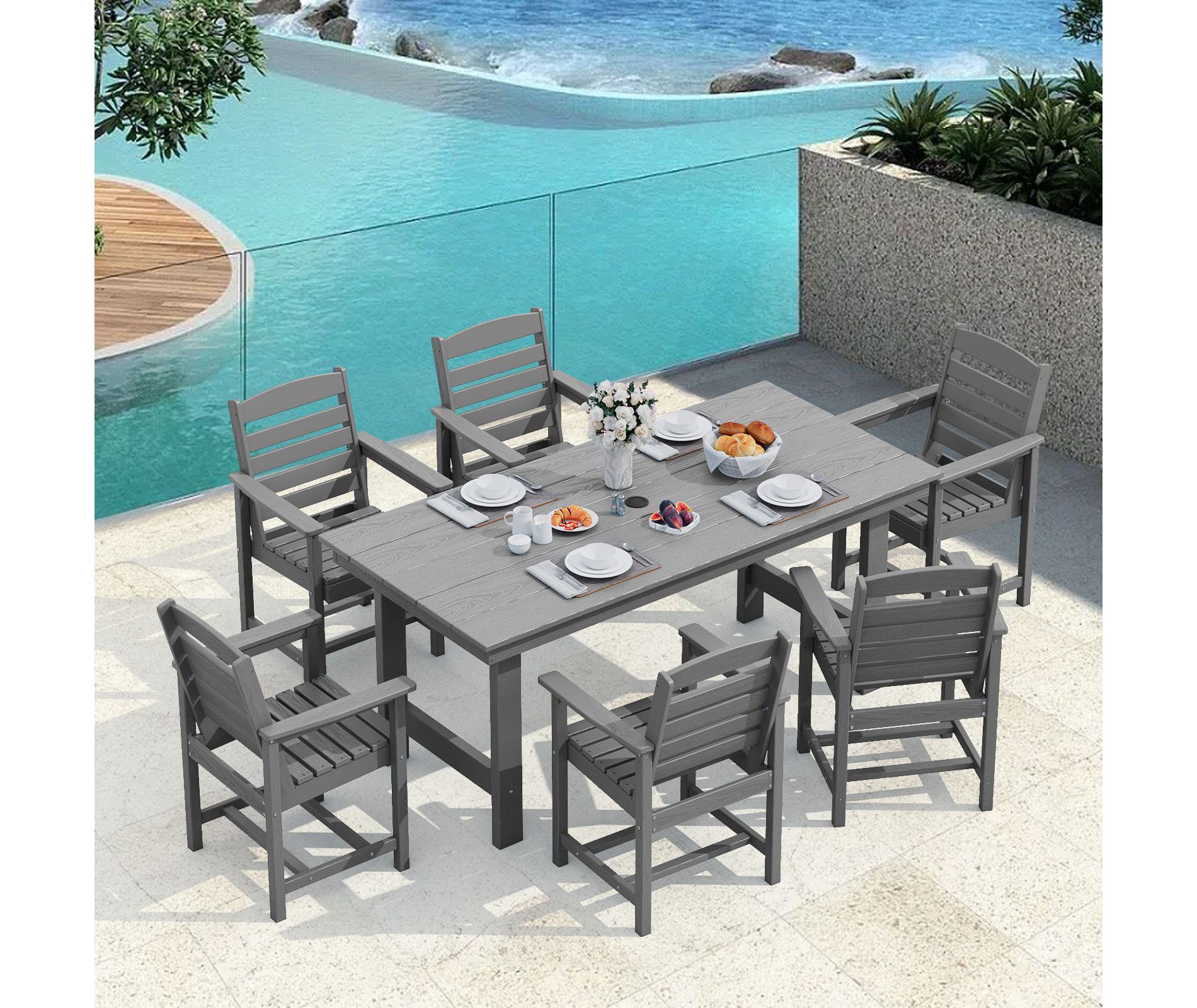 Hyleory 7pc Outdoor Dining Set, 66.9'' Rectangular Table w/Umbrella Hole and 6 Chairs in Gray