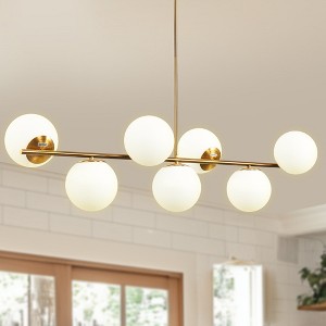 YANSUN 7-Light Gold Metal Pendant Chandelier with White Globe Glass Shades, Perfect for Vintage and Industrial Decor - 1 of 4