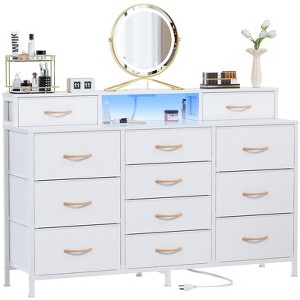 55" W Dresser for Bedroom with LED Lights and Power Outlets White Large 12 Storage Drawers Long Fabric Chests Dressers with 2 Shelves Metal Frame - 1 of 4