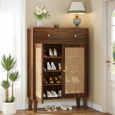 Hommoo Rattan Shoe Cabinet with Doors and Drawer