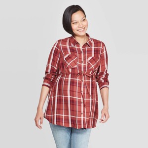 Maternity Plaid Long Sleeve Collared Popover Tunic - Isabel Maternity by Ingrid & Isabel Rose L, Women