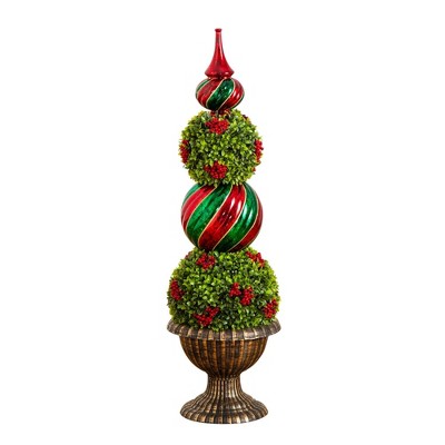 Nearly Natural 3' Pre-Lit Artificial Christmas Ornament Boxwood Topiary Tree with 70 Warm White LED Lights