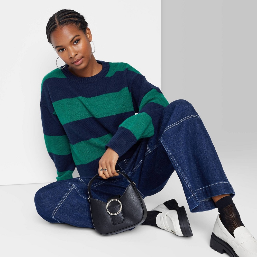 Women's Crewneck Tunic Pullover Sweater - Wild Fable Dark Teal Green Striped M