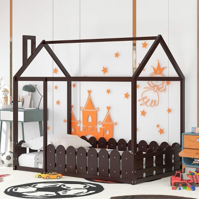 Streamdale Twin Size Wood Bed House Bed Frame With Fence, For Kids, Teens, Girl