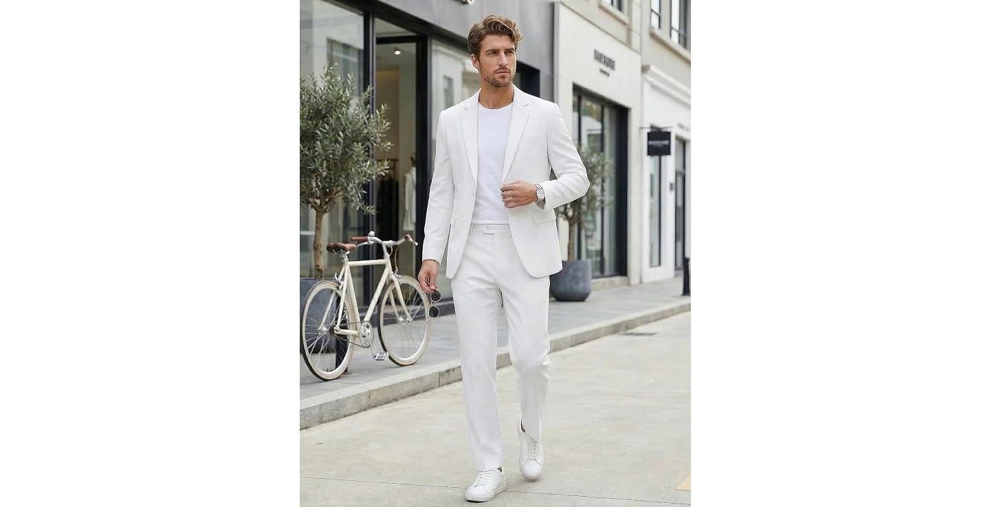 Мужской комплект COOFANDY Big and Suit 2 Piece Casual Stylish Suits Set Notch Collar Blazer and Pants for Wedding Prom White, цвет: Белый — фото 3