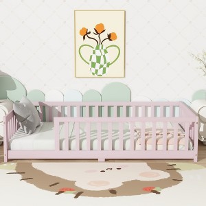 MAYEERTY Twin Floor Bed with Fence without Door, Rubber Wood Floor Guardrails Pink - 1 of 4