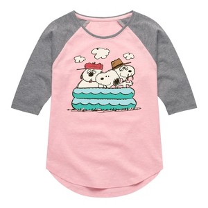 Girls' - Peanuts - Snoopy Sibling Pool Shirt Tail Raglan Graphic T-shirt - 1 of 4